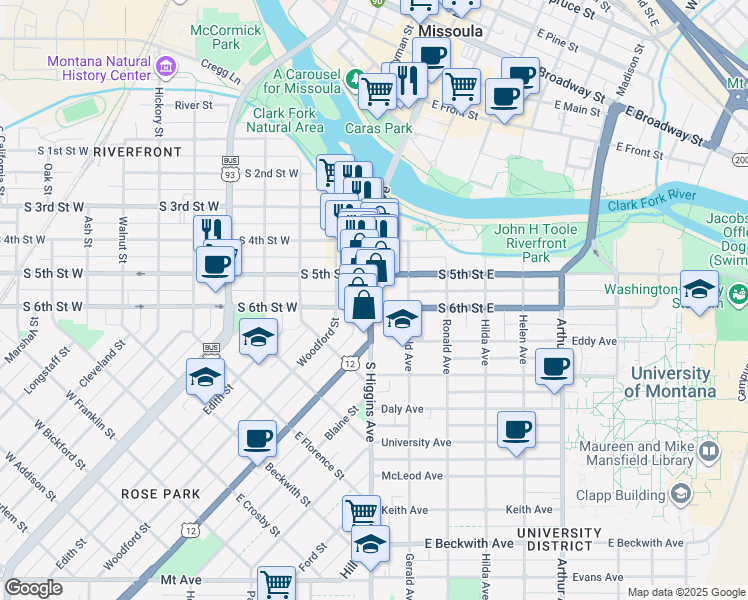 map of restaurants, bars, coffee shops, grocery stores, and more near 740 South Higgins Avenue in Missoula