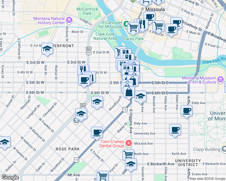 map of restaurants, bars, coffee shops, grocery stores, and more near 234 South 6th Street West in Missoula