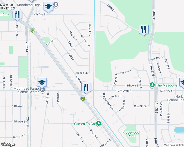map of restaurants, bars, coffee shops, grocery stores, and more near 914 Rensvold Boulevard in Moorhead