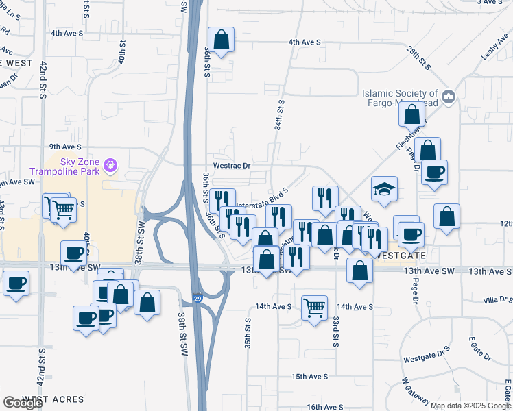 map of restaurants, bars, coffee shops, grocery stores, and more near Interstate Boulevard South in Fargo