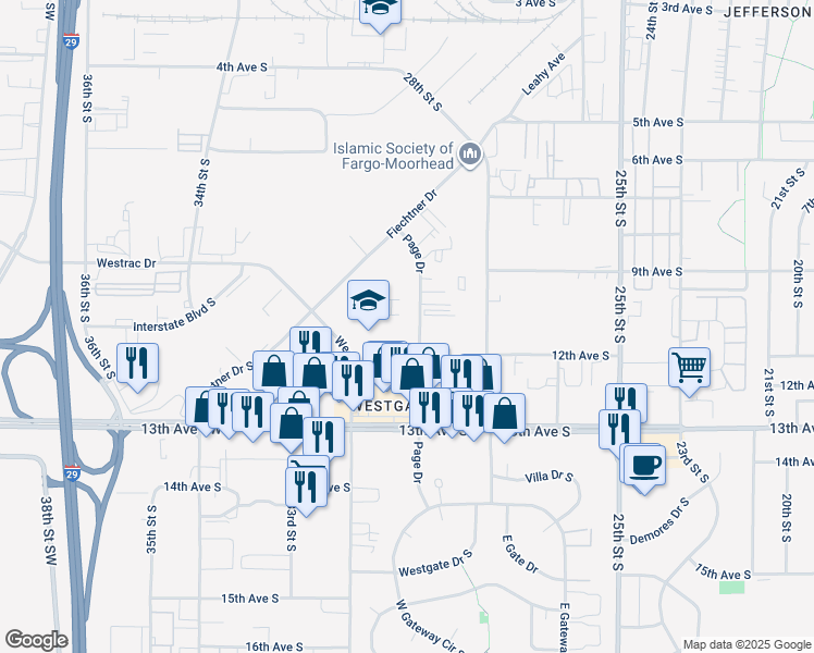 map of restaurants, bars, coffee shops, grocery stores, and more near 1015 Page Drive in Fargo