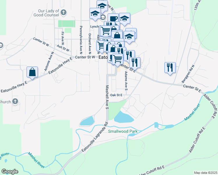 map of restaurants, bars, coffee shops, grocery stores, and more near 227 Mashell Avenue South in Eatonville