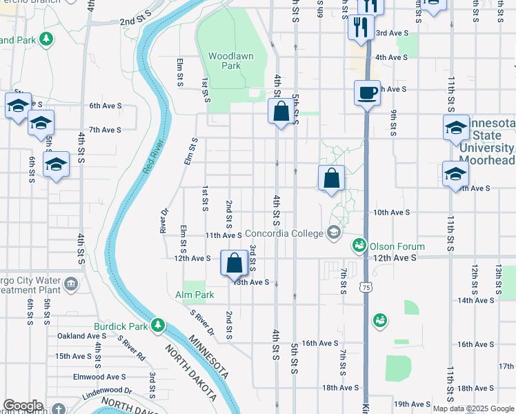 map of restaurants, bars, coffee shops, grocery stores, and more near 922 3rd Street South in Moorhead