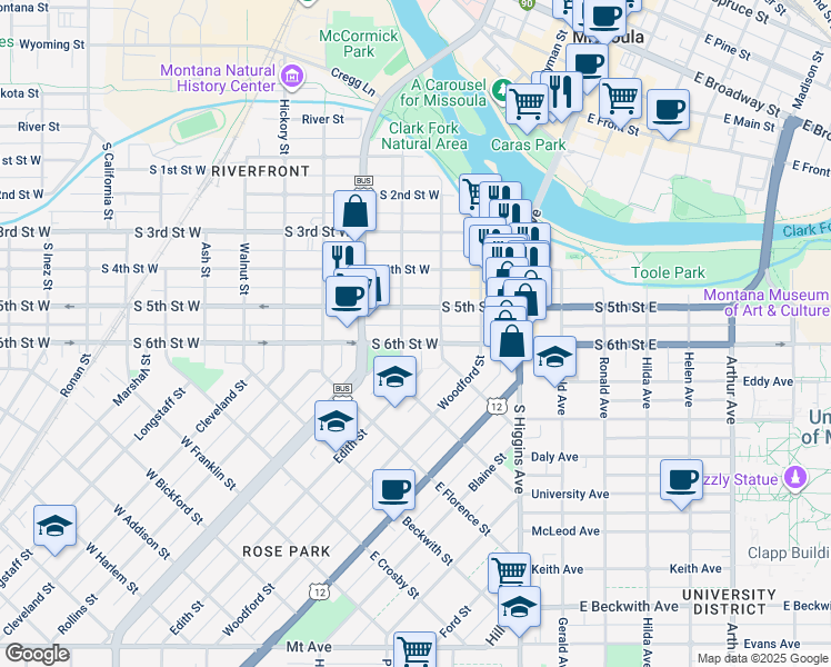 map of restaurants, bars, coffee shops, grocery stores, and more near 336 South 6th Street East in Missoula