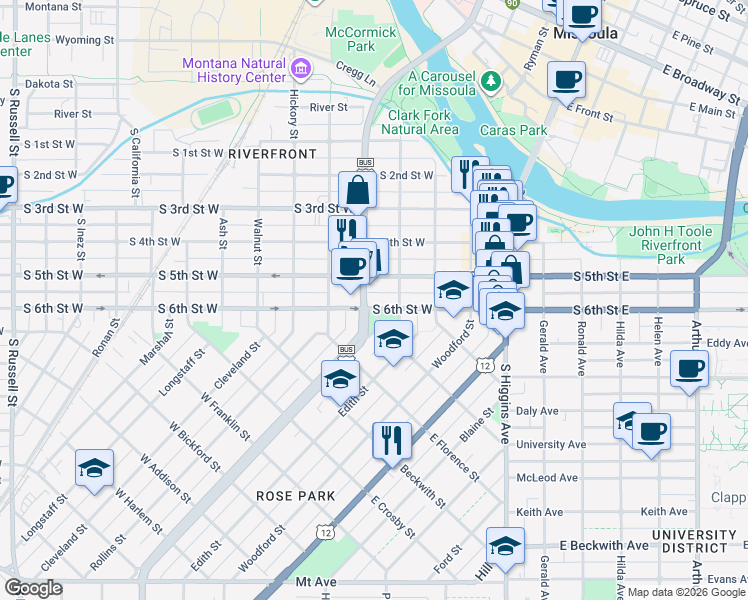 map of restaurants, bars, coffee shops, grocery stores, and more near 710 South Orange Street in Missoula