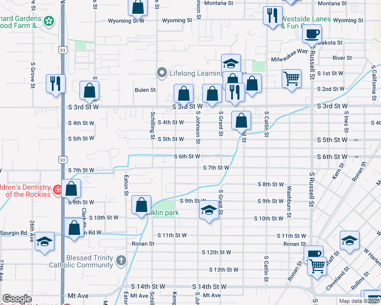 map of restaurants, bars, coffee shops, grocery stores, and more near 2002 South 6th Street West in Missoula
