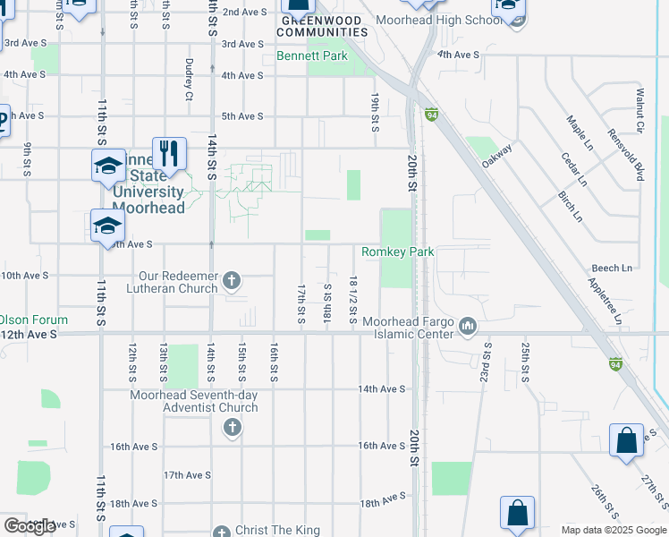 map of restaurants, bars, coffee shops, grocery stores, and more near 912 18th Street South in Moorhead