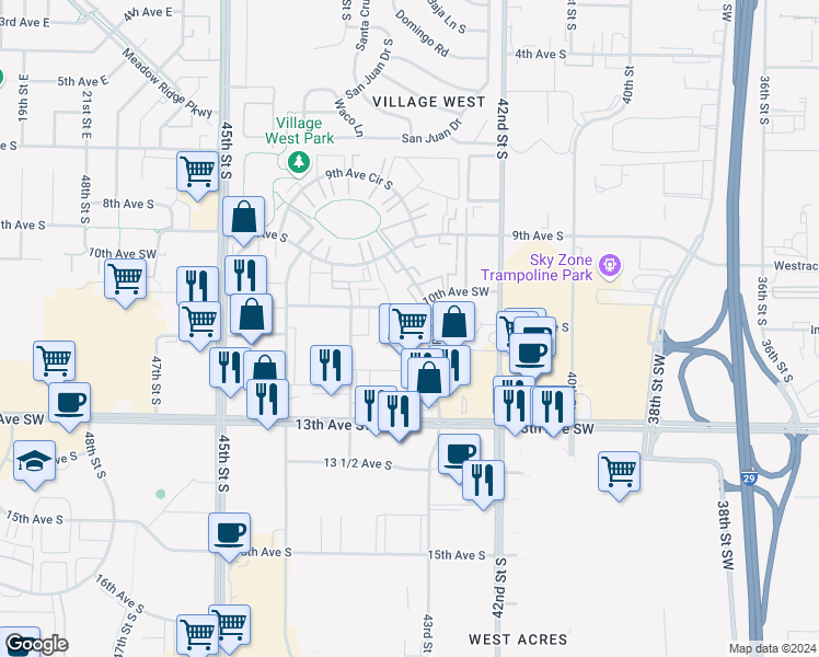 map of restaurants, bars, coffee shops, grocery stores, and more near 4310 10th Avenue Southwest in Fargo
