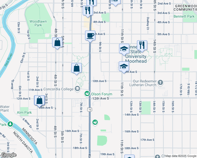 map of restaurants, bars, coffee shops, grocery stores, and more near 826 10th Avenue South in Moorhead