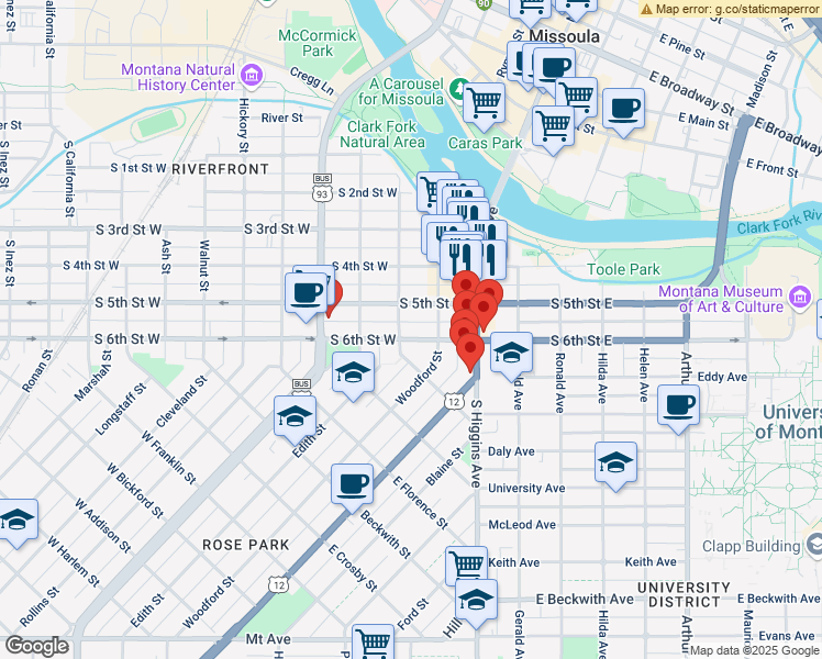 map of restaurants, bars, coffee shops, grocery stores, and more near 234 South 6th Street East in Missoula