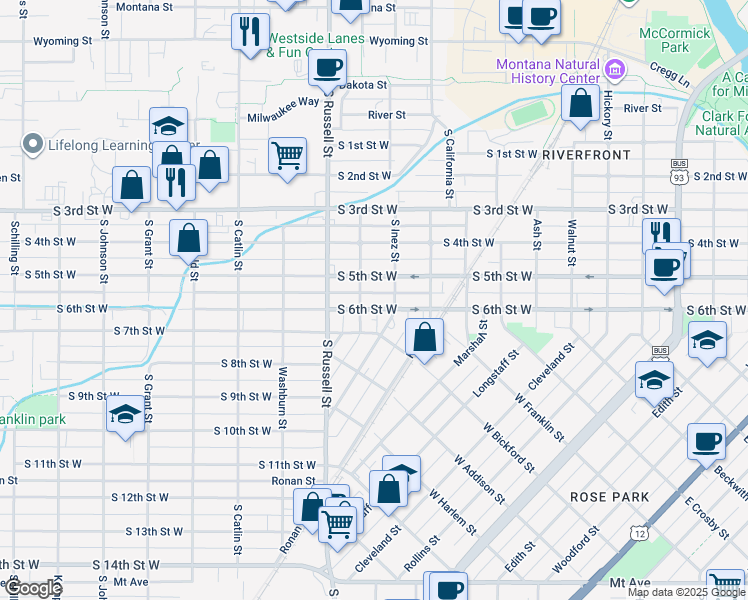 map of restaurants, bars, coffee shops, grocery stores, and more near 1340 S 6th Street West in Missoula
