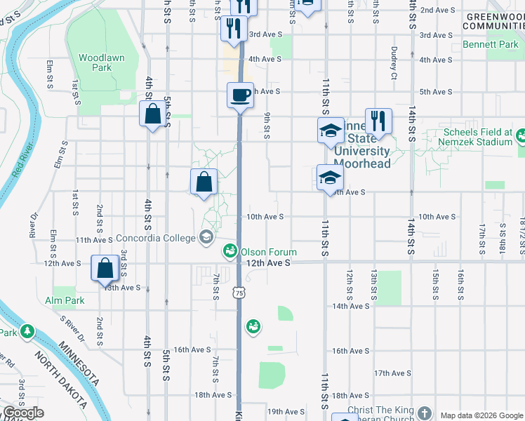 map of restaurants, bars, coffee shops, grocery stores, and more near 826 10th Avenue South in Moorhead