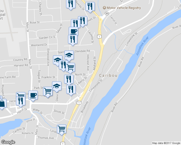 map of restaurants, bars, coffee shops, grocery stores, and more near 36 North Street in Caribou