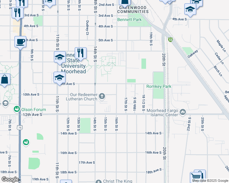 map of restaurants, bars, coffee shops, grocery stores, and more near 917 16th Street South in Moorhead