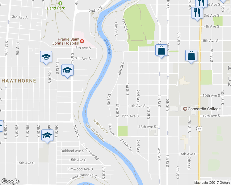 map of restaurants, bars, coffee shops, grocery stores, and more near 919 Elm Street South in Moorhead