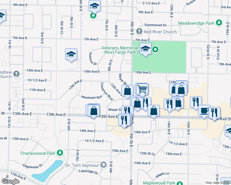 map of restaurants, bars, coffee shops, grocery stores, and more near 852 12th Ave E in West Fargo