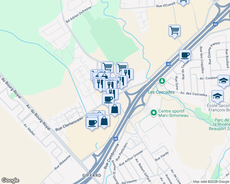 map of restaurants, bars, coffee shops, grocery stores, and more near 2790 Avenue Saint David in Québec