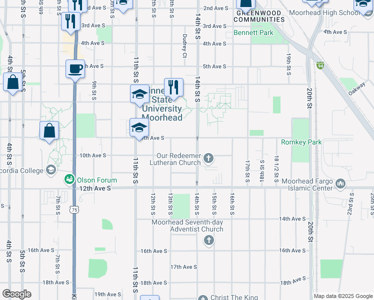 map of restaurants, bars, coffee shops, grocery stores, and more near 1324 10th Avenue South in Moorhead