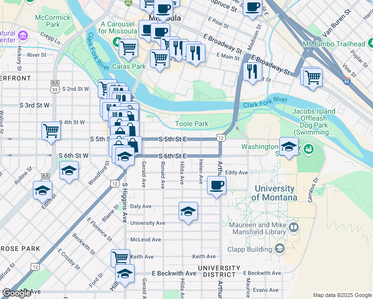 map of restaurants, bars, coffee shops, grocery stores, and more near 720 Hilda Ave in Missoula
