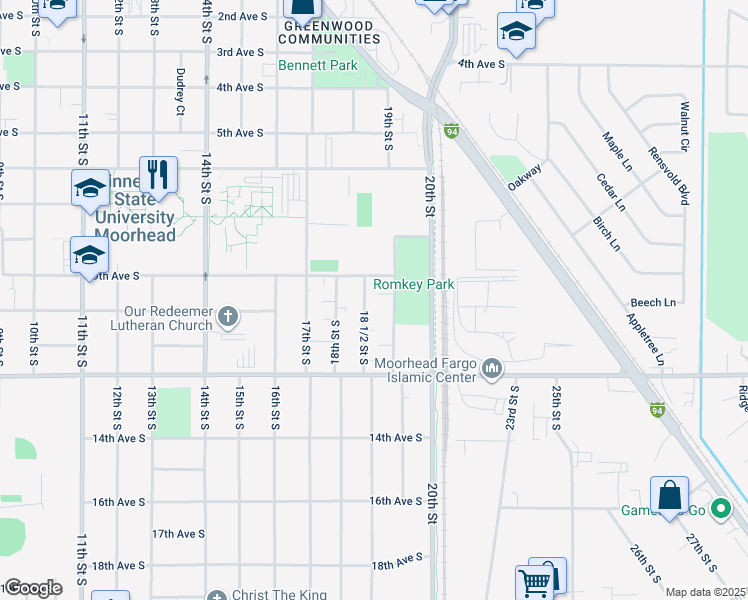 map of restaurants, bars, coffee shops, grocery stores, and more near 913 19th Street South in Moorhead