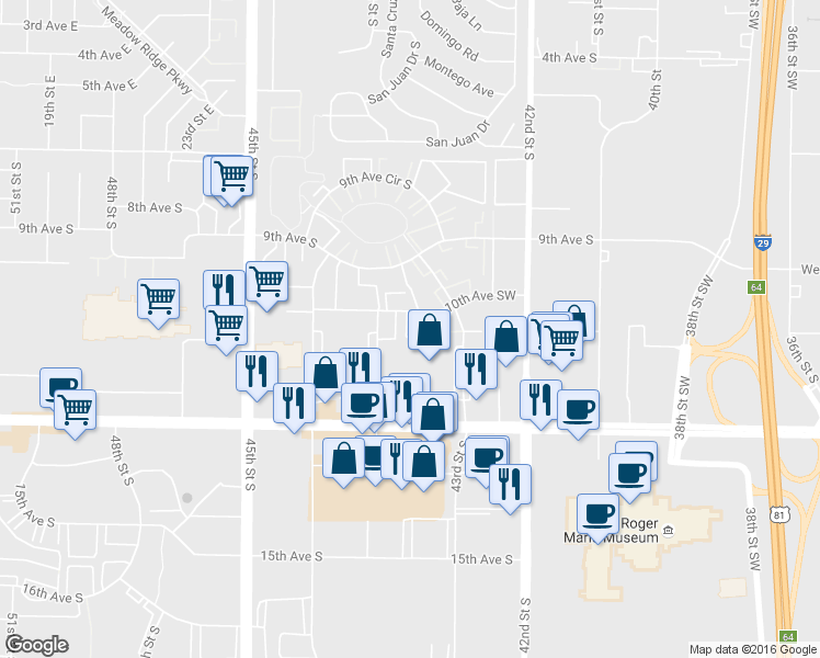 map of restaurants, bars, coffee shops, grocery stores, and more near 4310 10th Avenue Southwest in Fargo