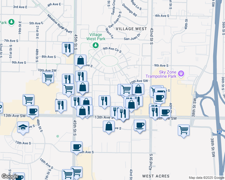 map of restaurants, bars, coffee shops, grocery stores, and more near 1002 43 1/2 Street South in Fargo