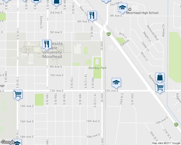 map of restaurants, bars, coffee shops, grocery stores, and more near 913 19th Street South in Moorhead