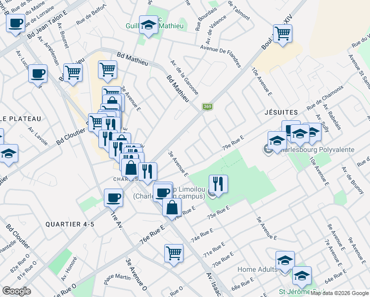 map of restaurants, bars, coffee shops, grocery stores, and more near 7955 Rue de Sénart in Québec