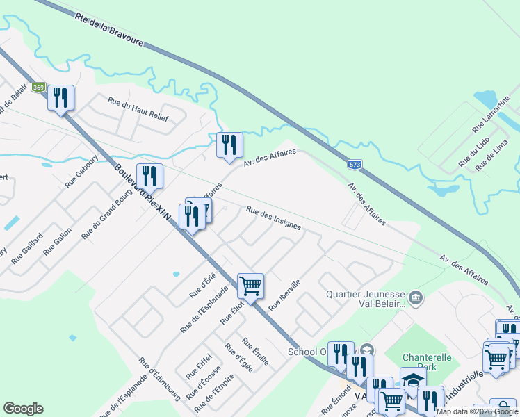 map of restaurants, bars, coffee shops, grocery stores, and more near 1350 Rue des Insignes in Québec