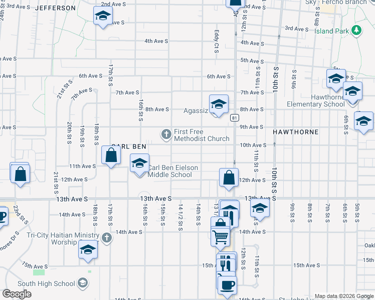 map of restaurants, bars, coffee shops, grocery stores, and more near 1422 10th Avenue South in Fargo