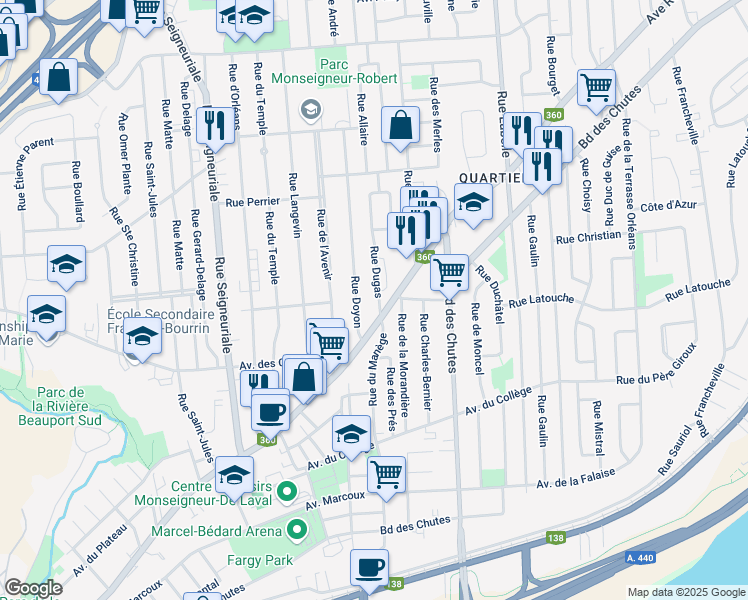map of restaurants, bars, coffee shops, grocery stores, and more near 7 Rue Dugas in Ville de Québec