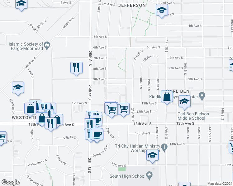 map of restaurants, bars, coffee shops, grocery stores, and more near 1100 22nd Street South in Fargo