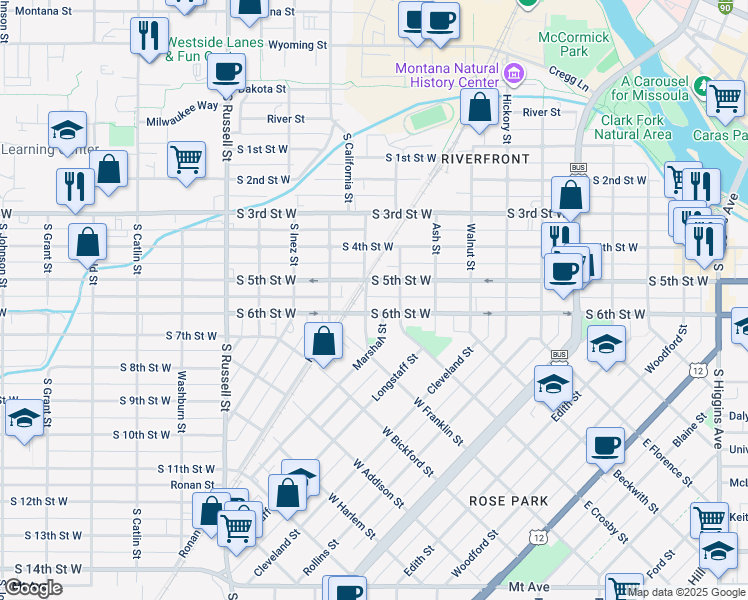 map of restaurants, bars, coffee shops, grocery stores, and more near 1028 South 6th Street West in Missoula