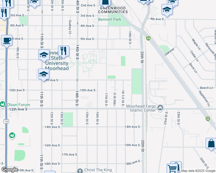map of restaurants, bars, coffee shops, grocery stores, and more near 914 17th Street South in Moorhead