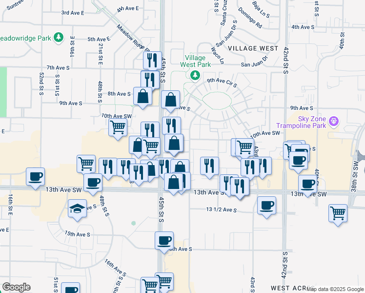 map of restaurants, bars, coffee shops, grocery stores, and more near 1001 44th Street South in Fargo