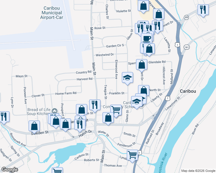 map of restaurants, bars, coffee shops, grocery stores, and more near 27 Teague Street in Caribou