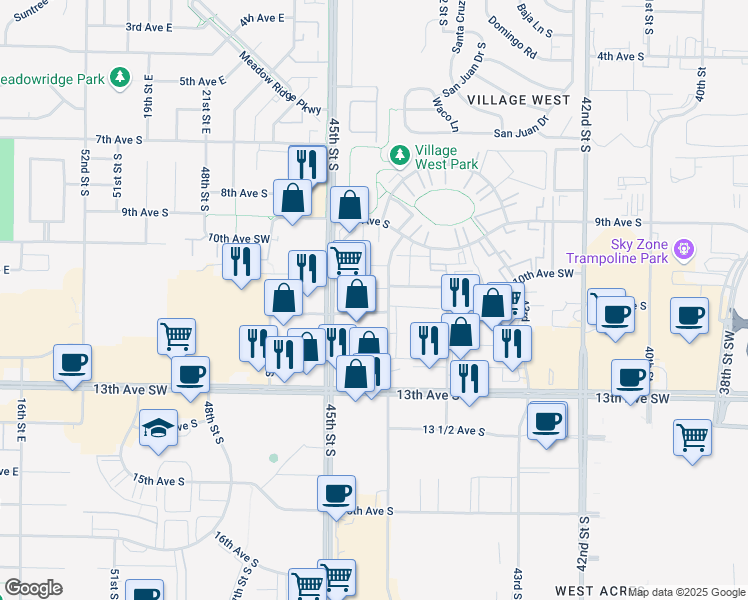 map of restaurants, bars, coffee shops, grocery stores, and more near 1001 44th Street South in Fargo