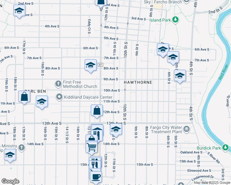 map of restaurants, bars, coffee shops, grocery stores, and more near 1020 10th Avenue South in Fargo