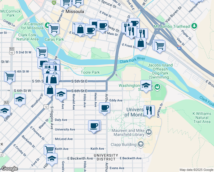 map of restaurants, bars, coffee shops, grocery stores, and more near 525 South 5th Street East in Missoula