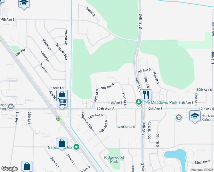 map of restaurants, bars, coffee shops, grocery stores, and more near 3128 9th Avenue South in Moorhead