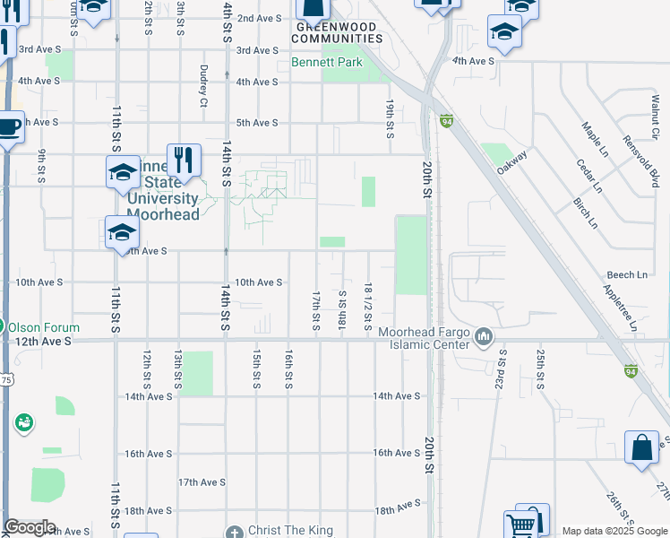 map of restaurants, bars, coffee shops, grocery stores, and more near 914 17th Street South in Moorhead