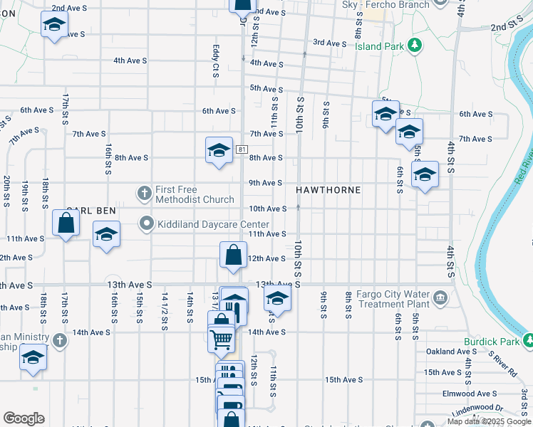 map of restaurants, bars, coffee shops, grocery stores, and more near 1020 10th Avenue South in Fargo