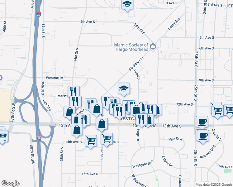 map of restaurants, bars, coffee shops, grocery stores, and more near 1102 Westrac Drive in Fargo