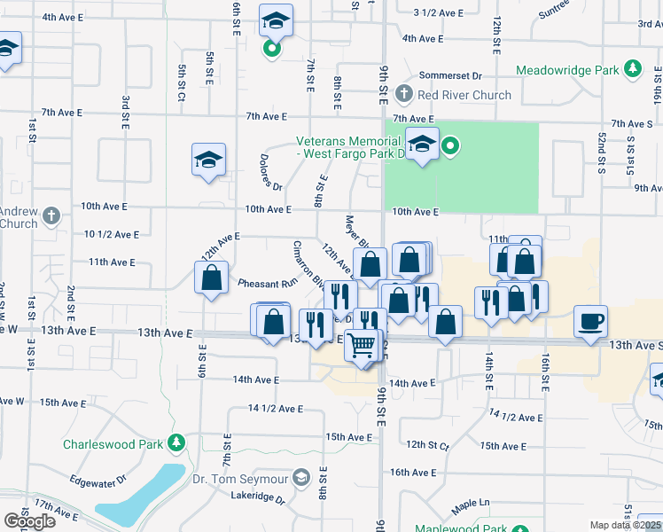 map of restaurants, bars, coffee shops, grocery stores, and more near 852 12th Avenue East in West Fargo