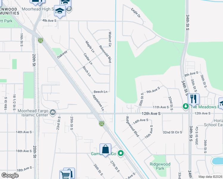 map of restaurants, bars, coffee shops, grocery stores, and more near 914 Rensvold Boulevard in Moorhead