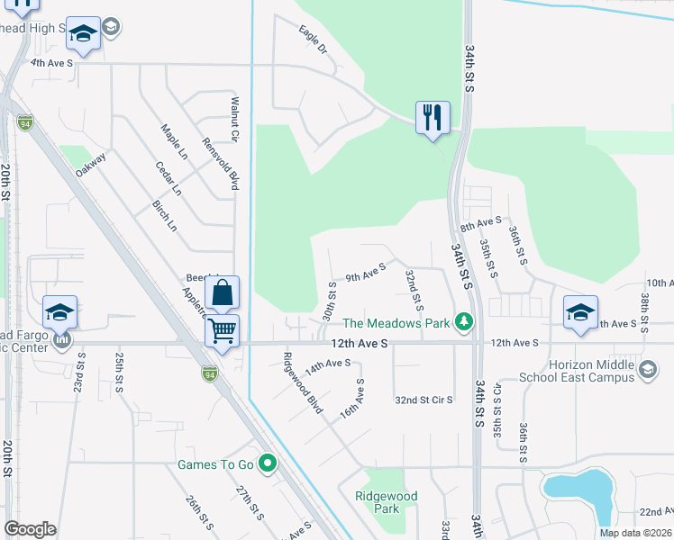 map of restaurants, bars, coffee shops, grocery stores, and more near 3000 9th Avenue South in Moorhead