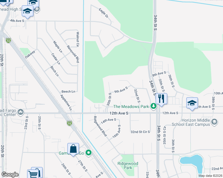 map of restaurants, bars, coffee shops, grocery stores, and more near 3000 9th Avenue South in Moorhead