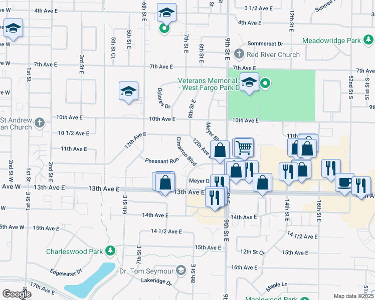 map of restaurants, bars, coffee shops, grocery stores, and more near 1231 Cimarron Boulevard in West Fargo