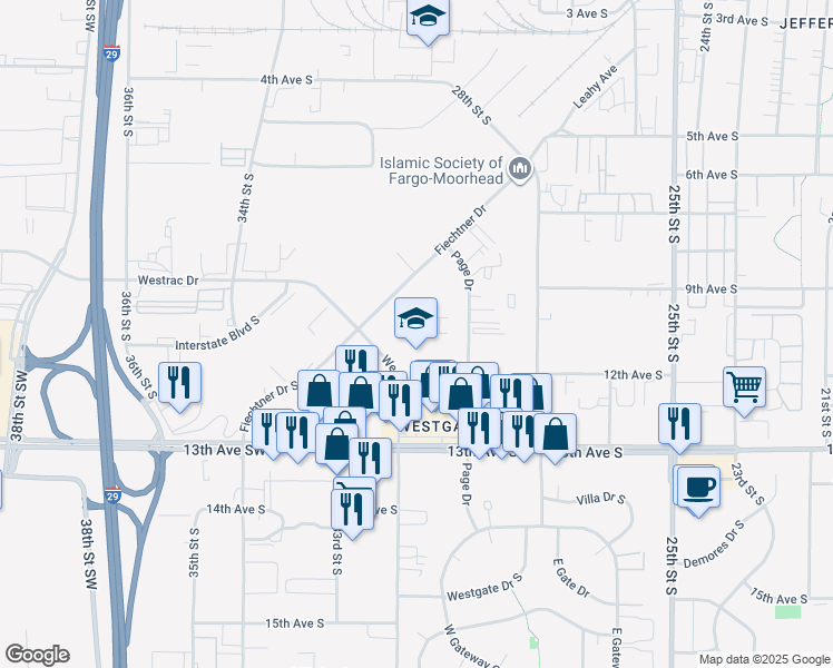 map of restaurants, bars, coffee shops, grocery stores, and more near 1128 Westrac Drive in Fargo