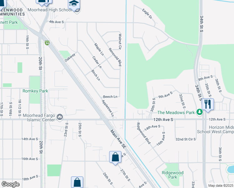 map of restaurants, bars, coffee shops, grocery stores, and more near 674 Beech Lane in Moorhead